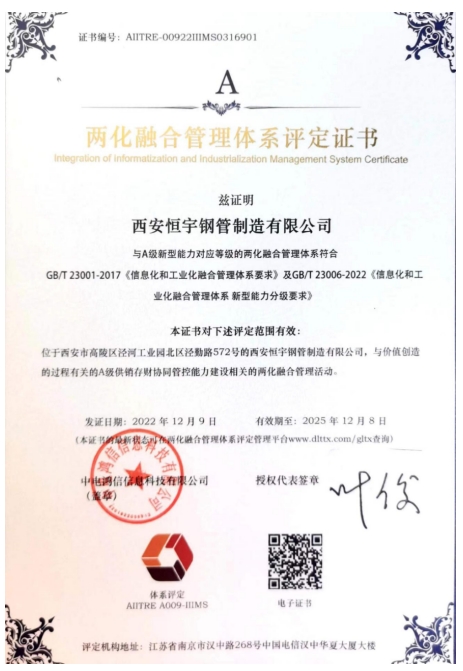 兩化融合管理體系評(píng)定證書(shū)